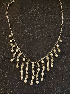 Handmade Pearl and Crystal Fringe Necklace in Silver Tone